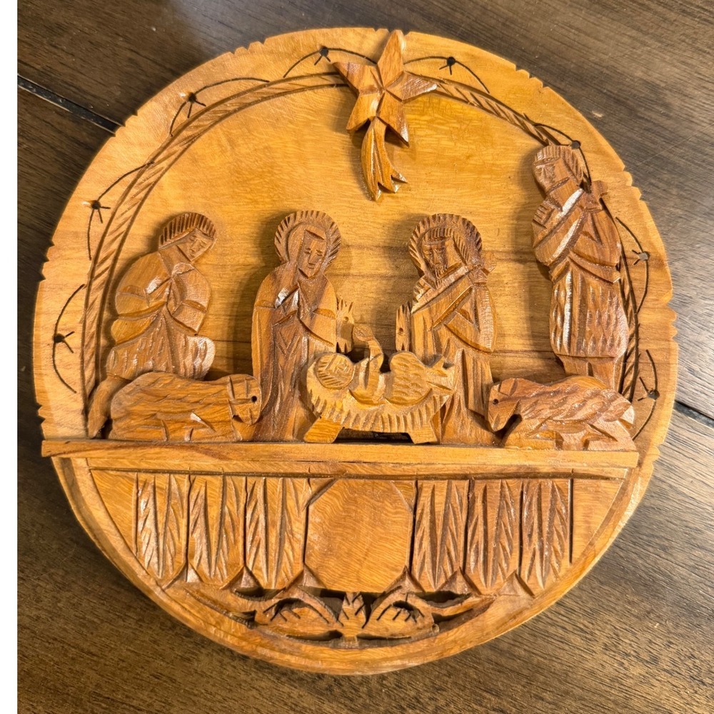 Hand Carved Olive Wood Nativity Scene Plaque Made in Israel Religious Folk Art